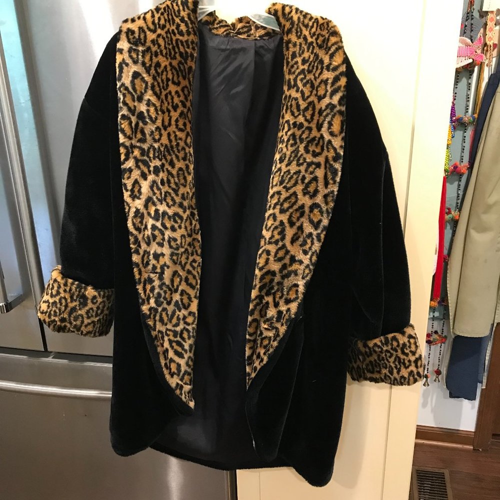 Hillmoor New York Faux Fur Black and Leopard Mid-length Coat Large